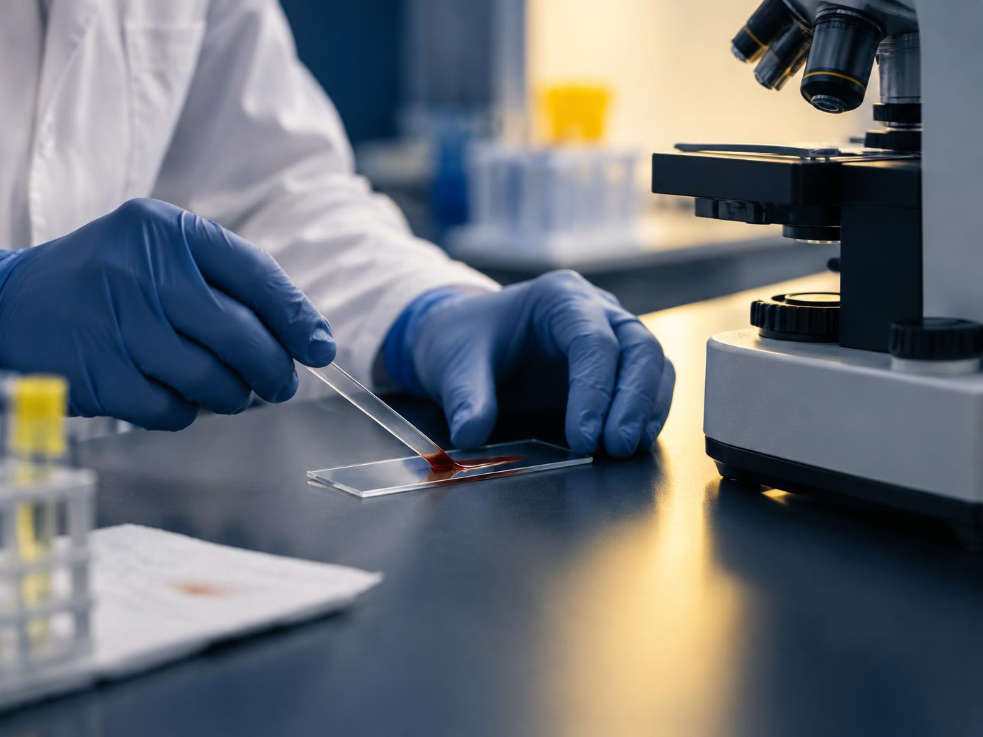 Preparing a blood smear slide beside a microscope in the Biomed laboratory